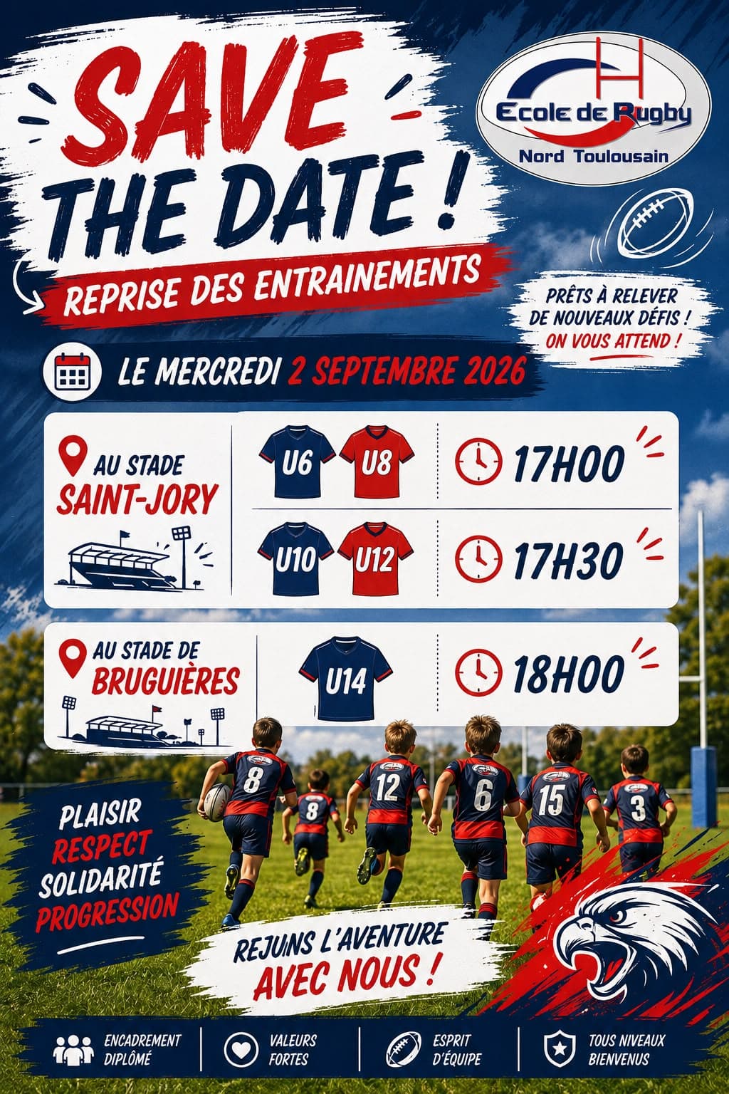 Affiche de reprise des entraînements de l’EDR Nord Toulousain le 2 septembre 2026